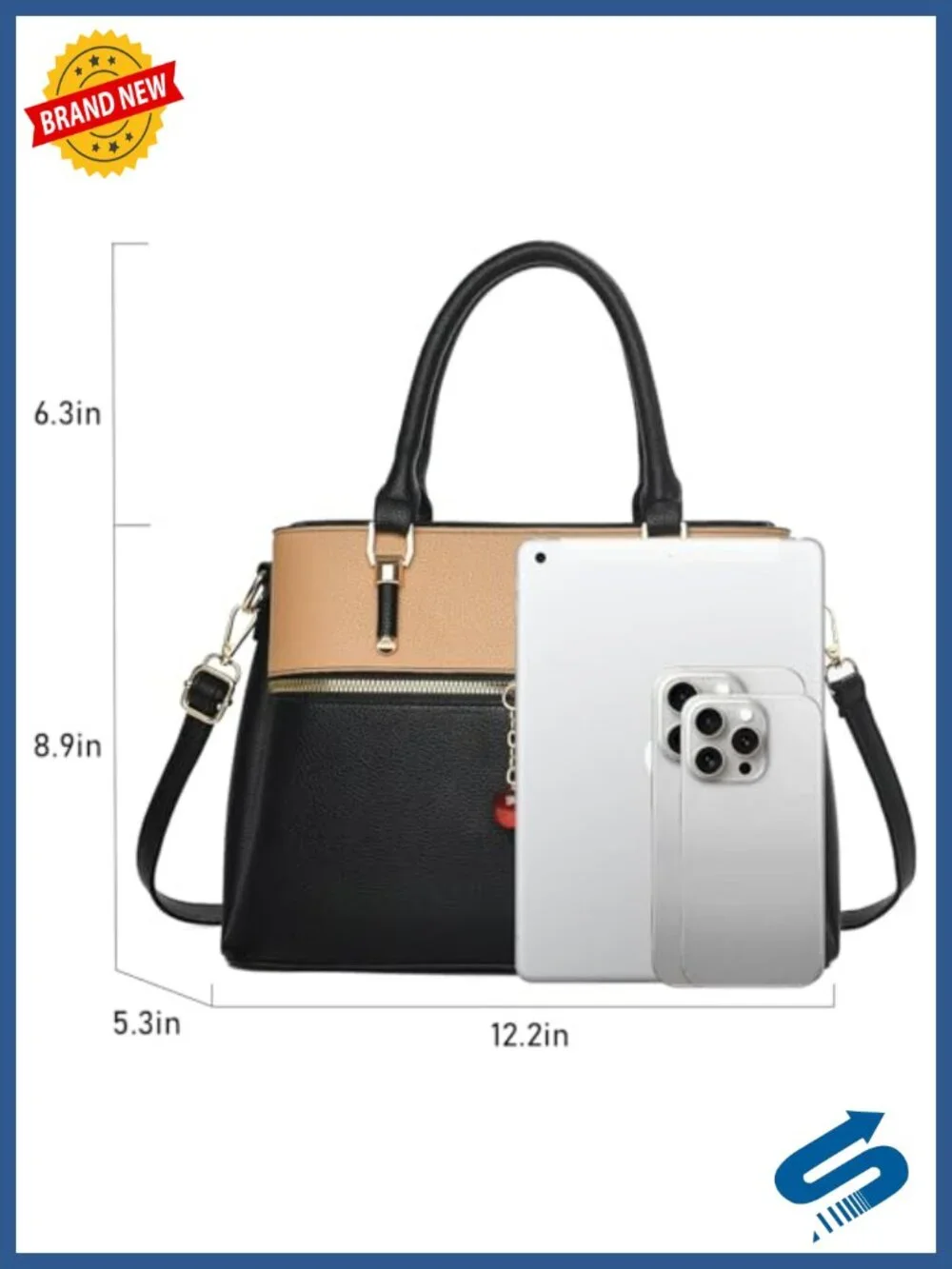 Faux Leather Satchel Handbag with 3 Zip Compartments - Tote Crossbody